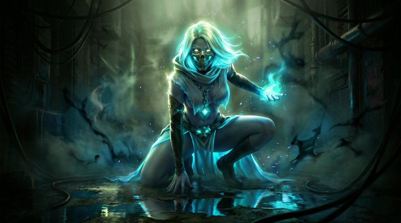 Undead female lich sorceress wields glowing cyan magic while crouching in a foggy dark industrial...
