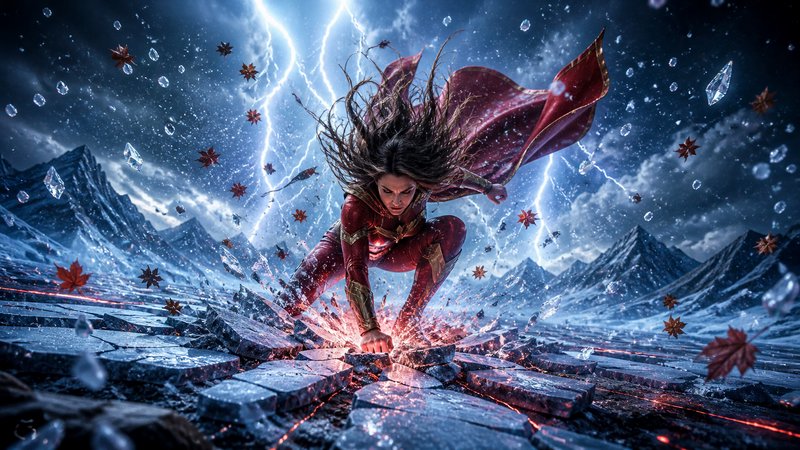 Powerful female superhero in red cape lands with earth-shattering force under lightning storm ove...