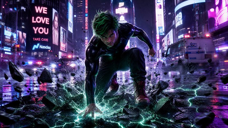 Green-haired superhero crouches, glowing green energy shattering wet pavement in neon-lit Times Square at night.