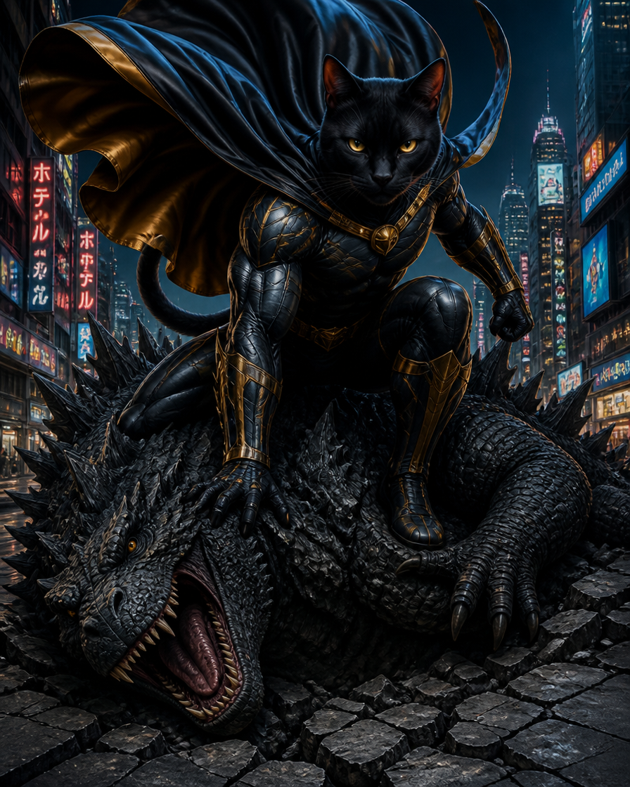 Anthropomorphic black cat superhero crouches triumphantly atop a defeated Godzilla kaiju on a neon Tokyo city street at ni...