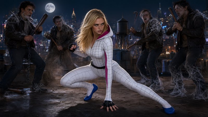 Spider-Gwen crouched in combat stance on a moonlit NYC rooftop, facing armed thugs tangled in spider webbing.