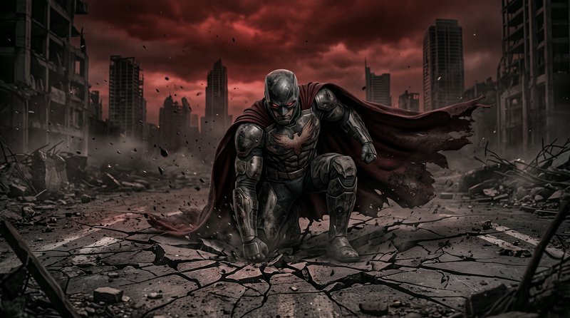 Armored caped superhero with glowing red eyes kneels on cracked pavement in a destroyed post-apoc...