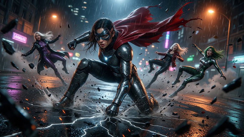 Armored female superhero lands powerfully on rainy neon city street, knocking back villains as pavement cracks under