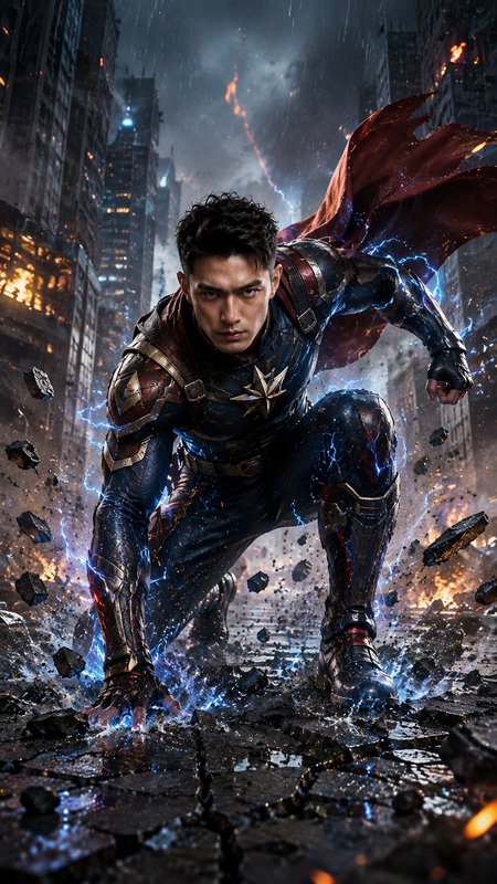 Powerful East Asian superhero in landing pose, crackling with blue energy, in a burning rain-soaked destroyed city