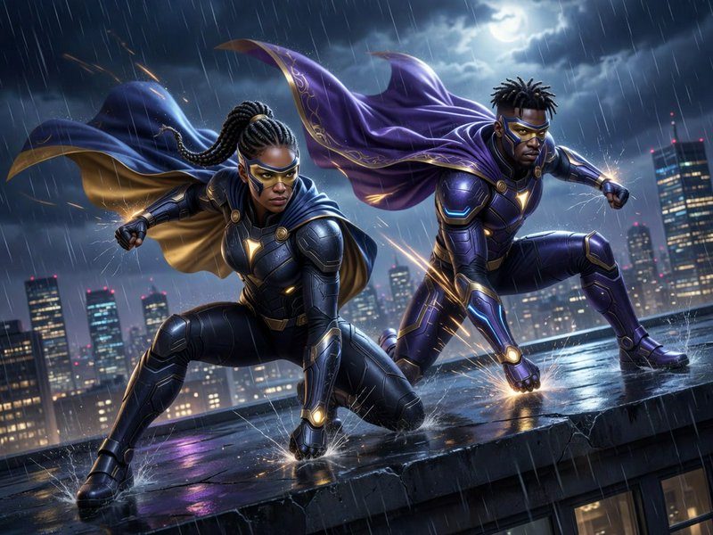 Two caped Black superhero partners in battle-ready stance on a rain-slicked city rooftop at stormy night.