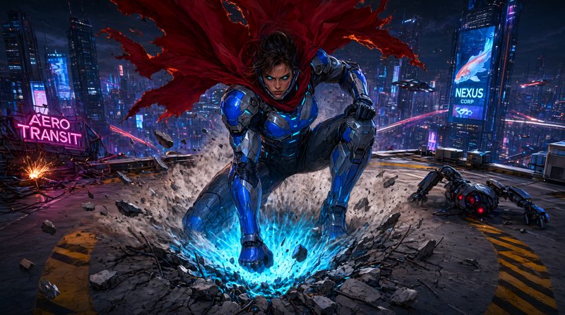 Female cybernetic superhero in blue armor with tattered red cape lands forcefully, glowing blue energy from fist, neon
