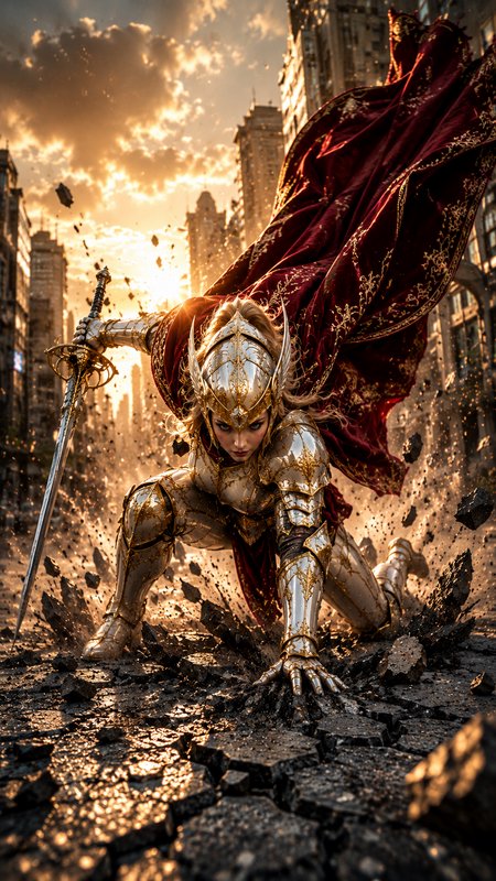 Ornate armored female valkyrie crashes through cracked city pavement holding a sword, backlit by golden sunset.