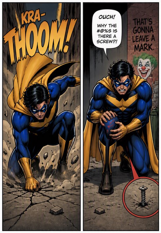 Two-panel superhero comic: masked blue-gold hero crash lands, then winces in pain after landing o...
