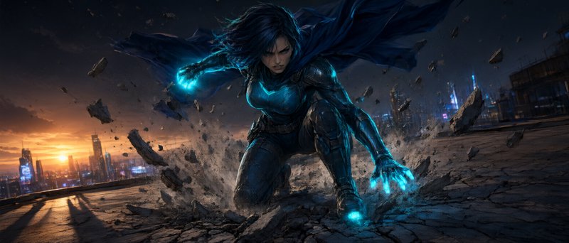 [Powerful armored female superhero lands forcefully on a cracked rooftop, glowing blue energy emanating from her hands abo...