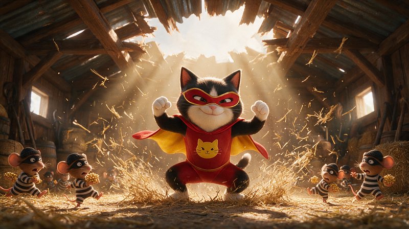 Tuxedo cat in red superhero costume stands triumphant as masked burglar mice flee a sunlit damage...