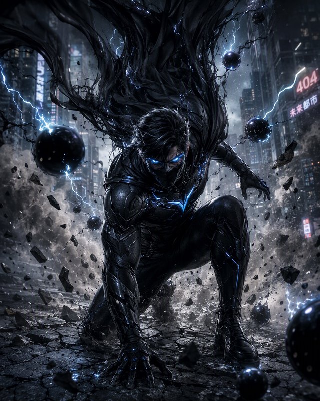 Dark armored superhero with glowing blue eyes crouches on shattered city street amid crackling lightning energy orbs.