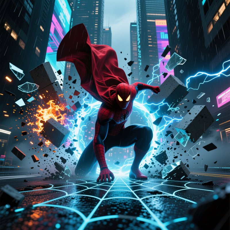 Caped Spider-Man strikes a powerful superhero landing amid lightning, flying debris, and neon cyb...