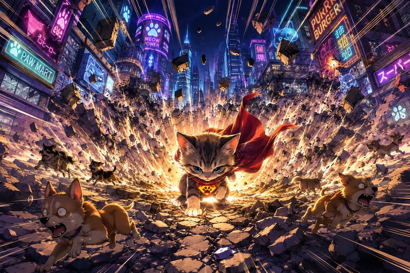 Superhero tabby kitten with a red cape lands with explosive force in a neon cyberpunk city as pan...