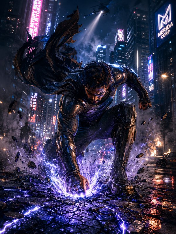Armored superhero lands forcefully on rain-soaked neon city street, purple lightning erupting fro...