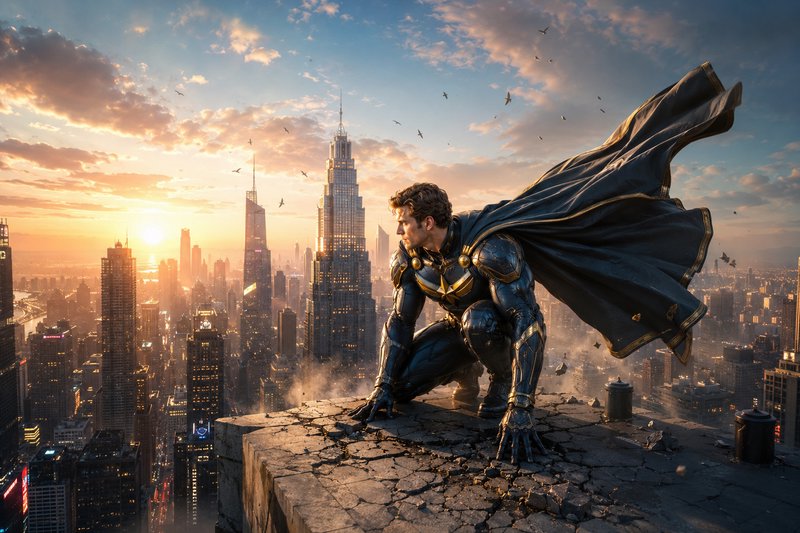 Superhero in black and gold armored suit crouches on a skyscraper rooftop overlooking a sprawling...