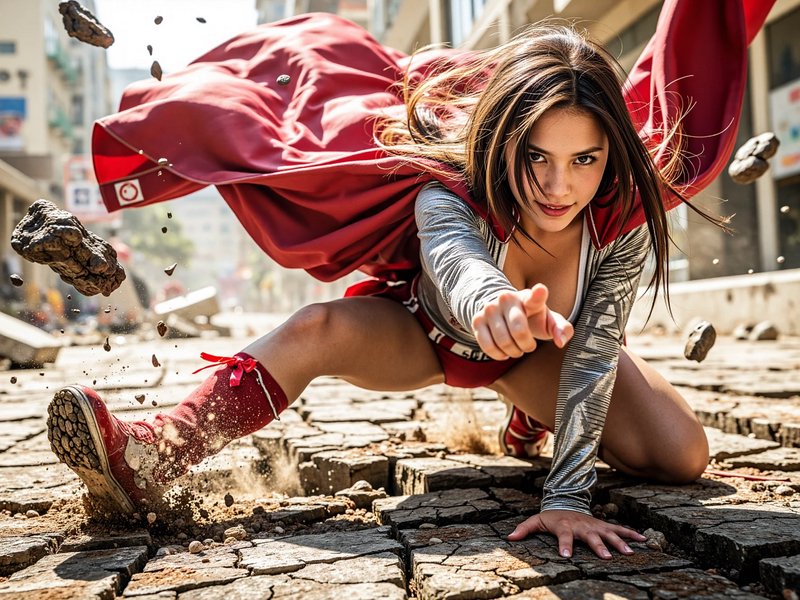 Low angle shot of female superhero with a flowing red cape crouching on cracked city pavement, pointing directly at the