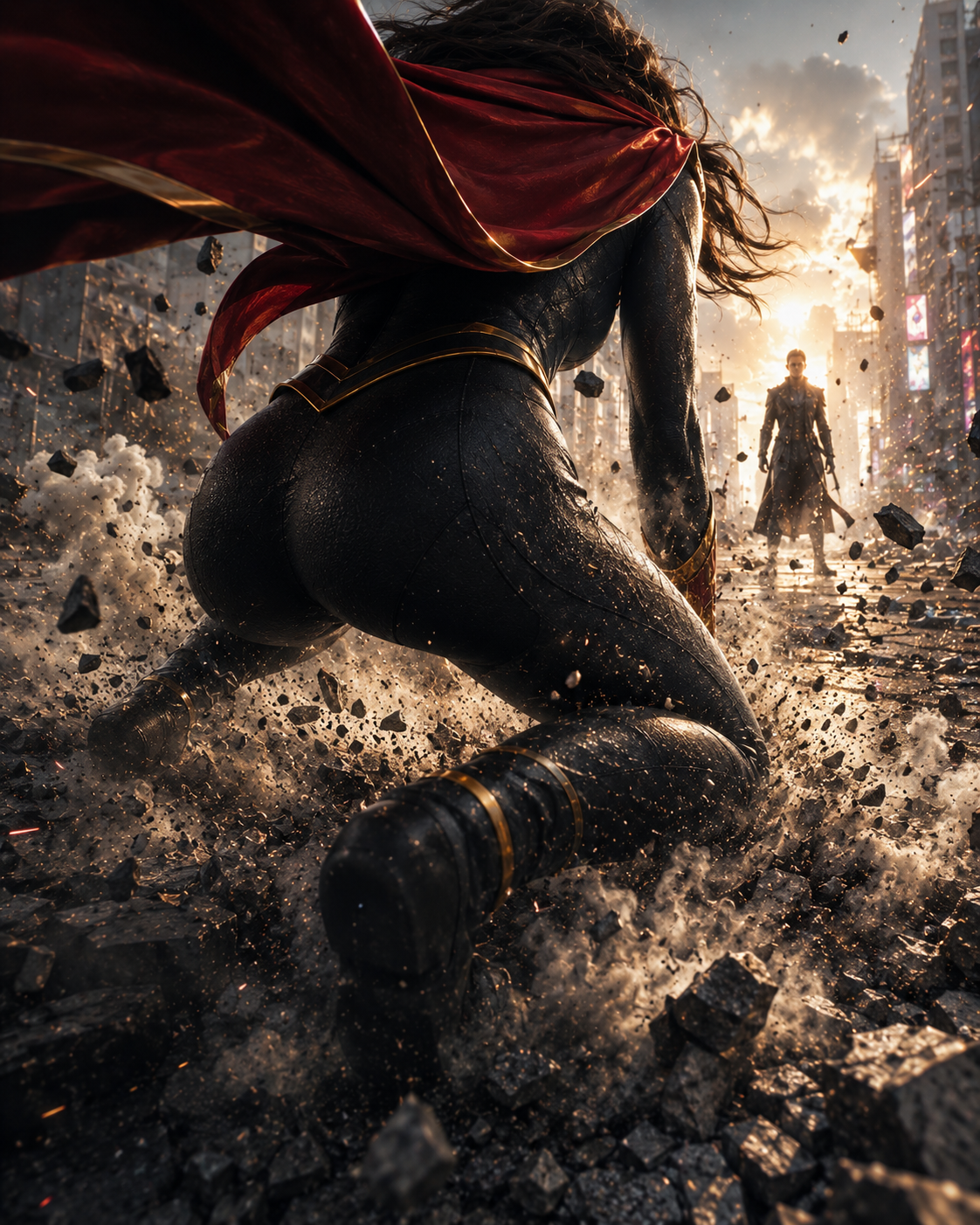 [Powerful female superhero with billowing red cape crashes into rubble-strewn city street, facing a waiting villain at gol...