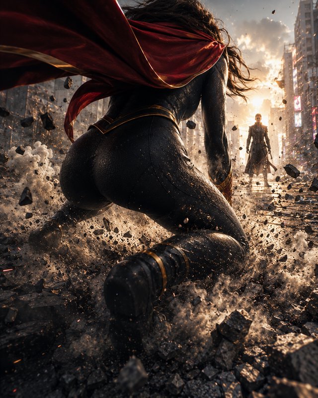 Powerful female superhero with billowing red cape crashes into rubble-strewn city street, facing ...