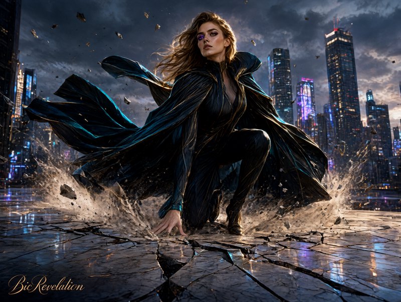Powerful female fantasy superhero kneels forcefully on a cracked skyscraper rooftop above a neon lit city at stormy twilight