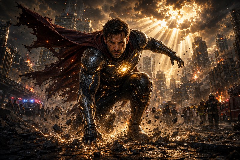 Armored superhero crouch lands forcefully on disaster city rubble, dramatic golden sunbeams break...