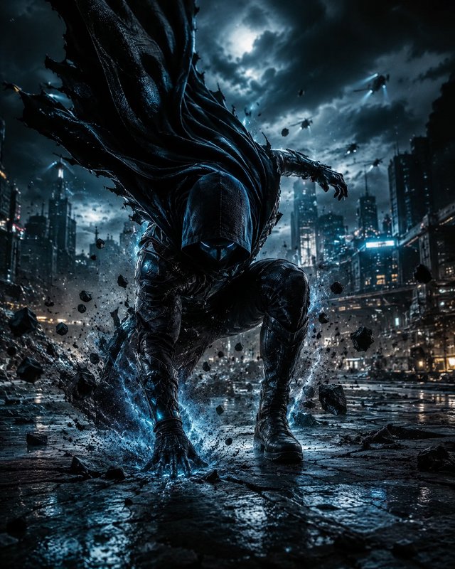 Hooded dark anti-hero lands forcefully on wet stormy city pavement, glowing blue energy swirling ...