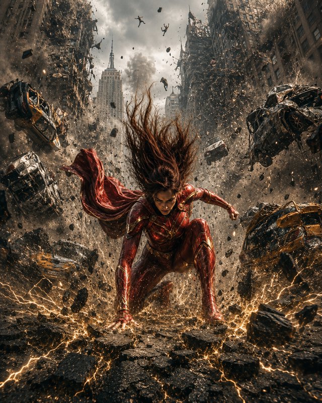 Powerful female superhero in red and gold suit lands forcefully, shattering city pavement as debris and cars fly around her