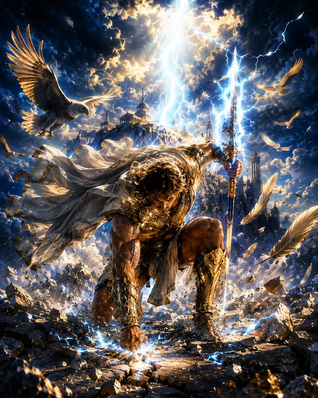 Powerful Zeus-like Greek god kneels holding a lightning spear, with eagles flying above stormy Mo...