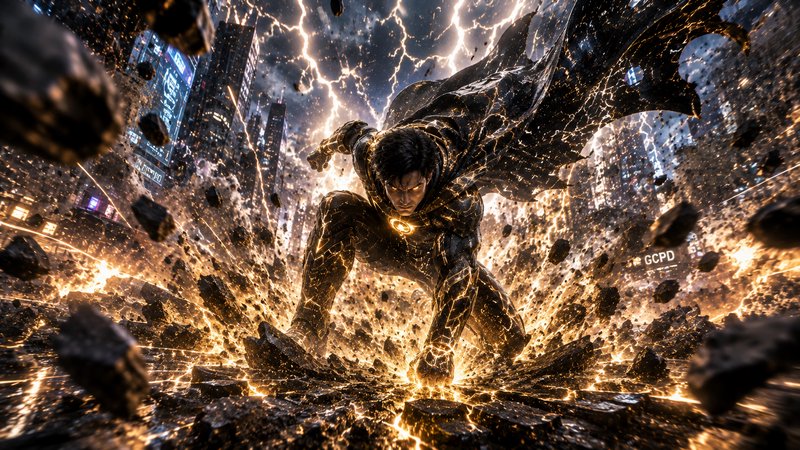 "Caped superhero in glowing black suit lands powerfully, shattering city street amid golden light...