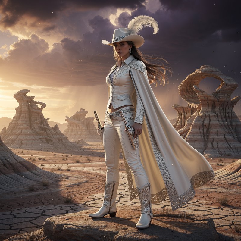Fantasy female gunslinger in ornate white western attire stands in a dramatic sunset desert lands...