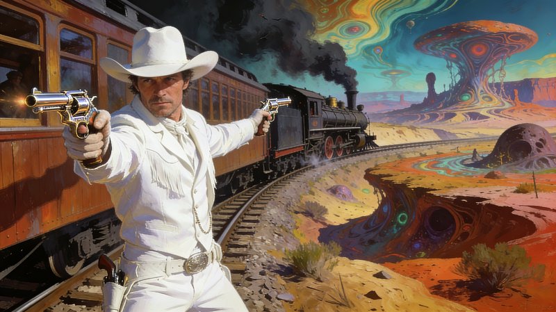 Stern cowboy in an all-white western suit dual wields firing revolvers beside a steam train in a ...