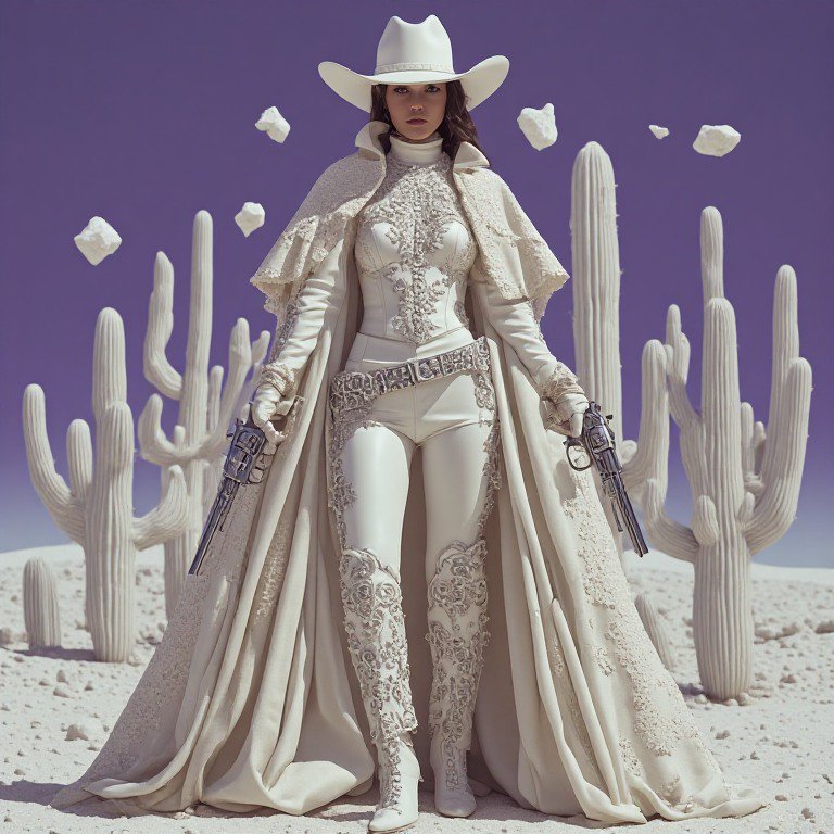 Surreal all-white ornate cowgirl holding two revolvers, standing in a desert with white saguaros ...