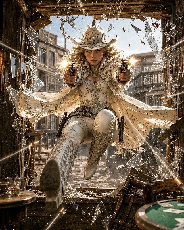 Ornate white-clad cowgirl fires dual revolvers while leaping through a shattered saloon window in an old west frontier town