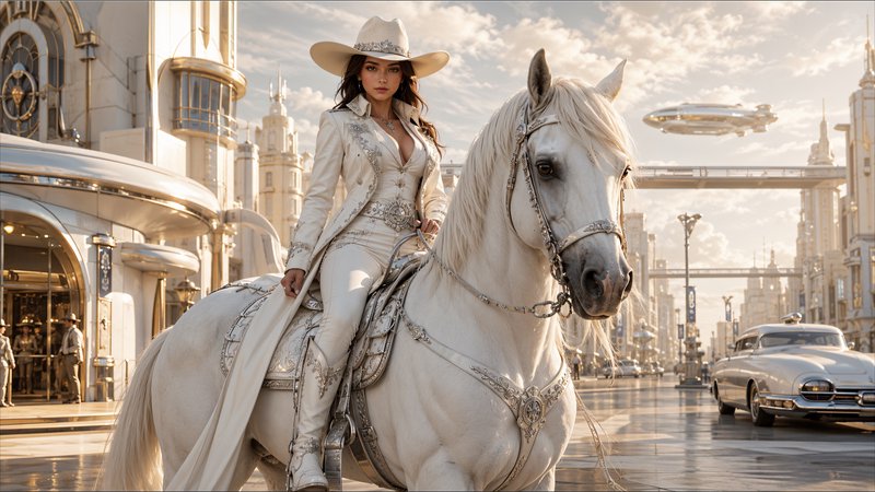 Elegant woman in white western attire rides an ornate white horse through a retro-futuristic art ...