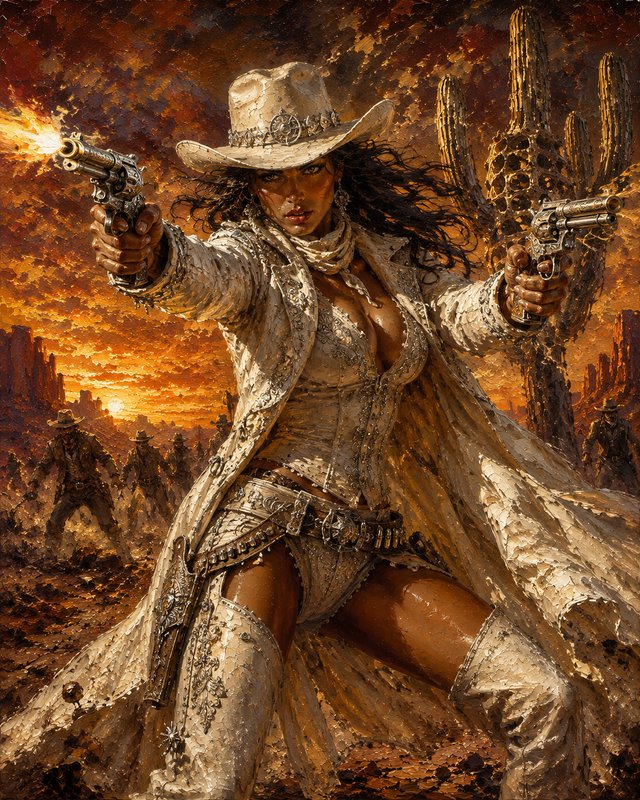 Impasto painting of a fierce cowgirl gunslinger firing dual revolvers in a desert sunset wild wes...