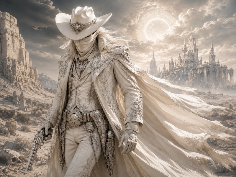 Ornate masked white fantasy cowboy holding a revolver stands in a desert beneath a glowing eclips...