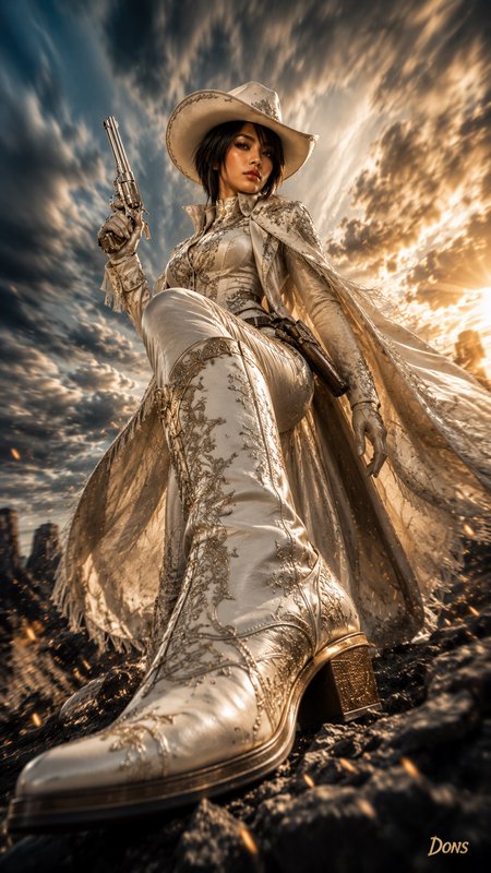 Low angle cinematic shot of elegant female gunslinger in ornate white western wear holding a revo...