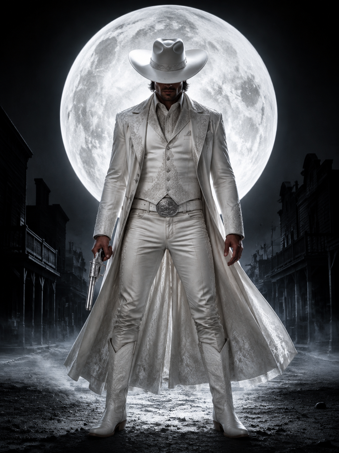 [Ornately dressed all-white cowboy gunslinger holds a revolver, backlit by a giant full moon over a foggy old west ghost t...