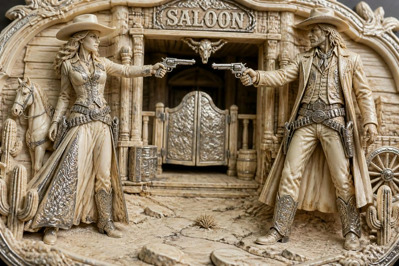 Intricate carved diorama of a cowboy and cowgirl facing off in a tense gunfight outside a vintage...