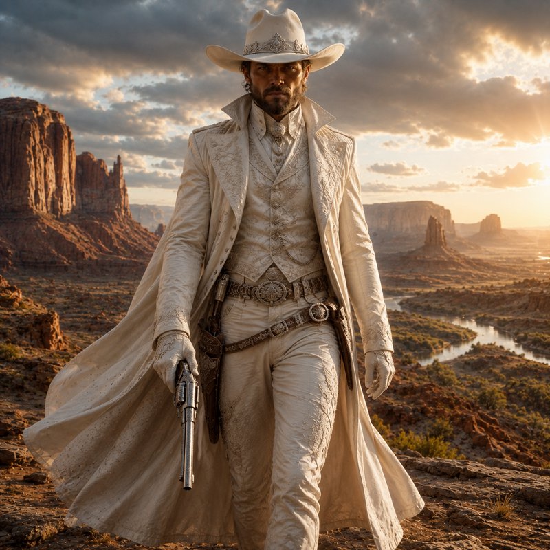 Stoic gunslinger in ornate all-white cowboy attire holds a revolver, walking through red rock des...