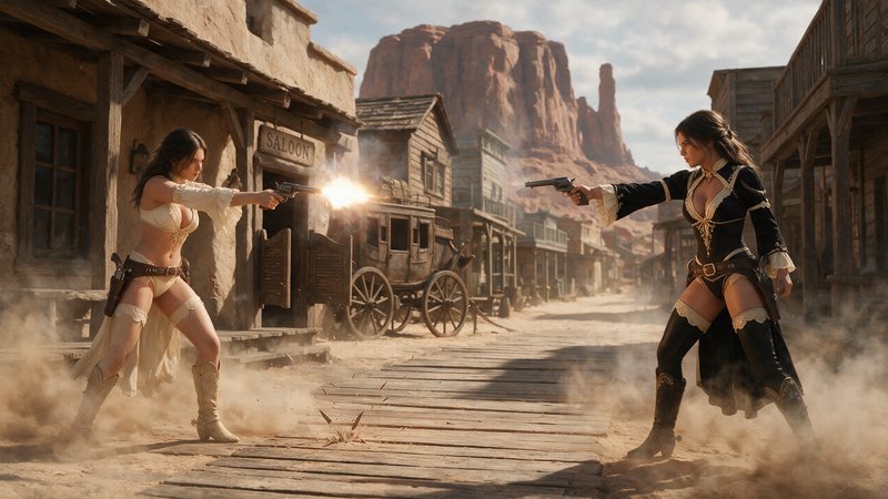 Two female gunslingers duel with revolvers on a dusty wild west town street, one firing a pistol ...