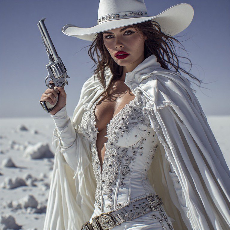 Striking cowgirl in ornate white western attire holds a silver revolver while standing on a sunli...