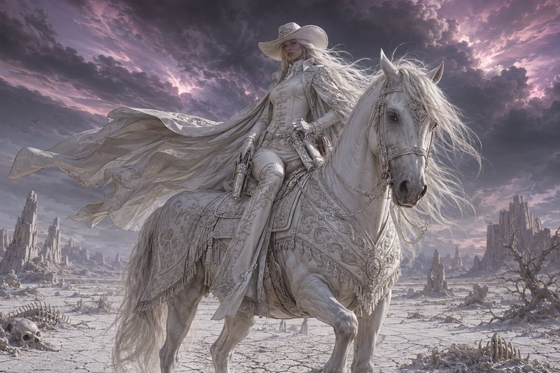 Elegant pale fantasy cowgirl riding ornate white war horse across a desolate cracked desert under...