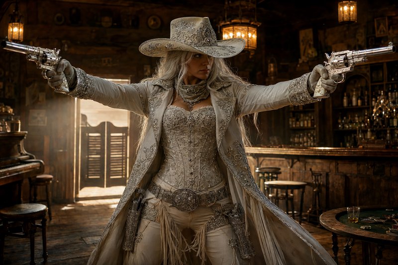 Ornate silver female gunslinger aims two revolvers while standing inside a rustic vintage old wes...