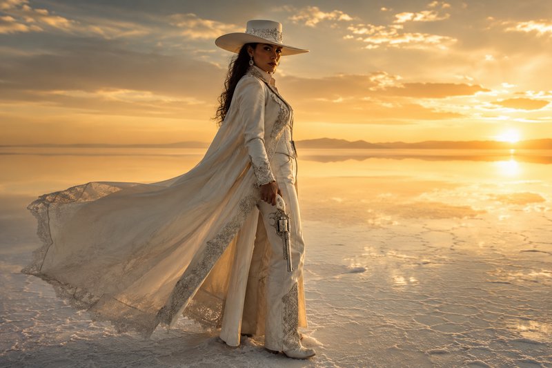 Striking woman in ornate white western attire holds a revolver, standing on reflective salt flats...