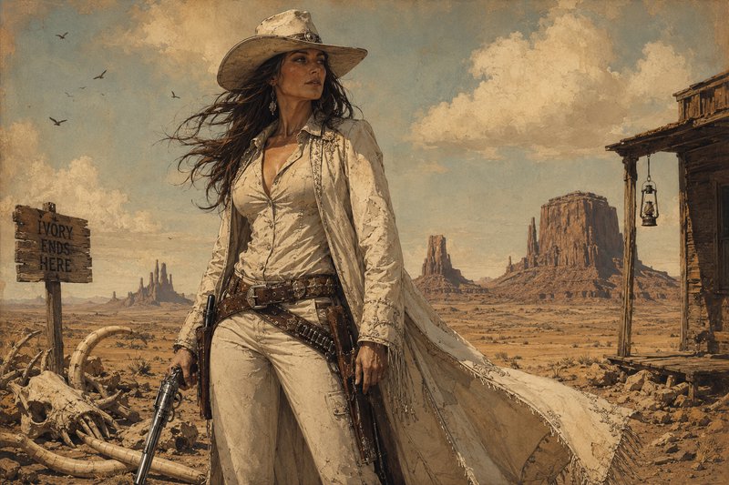 Confident female cowgirl gunslinger holding a revolver stands in a sunbaked Old West desert mesa ...