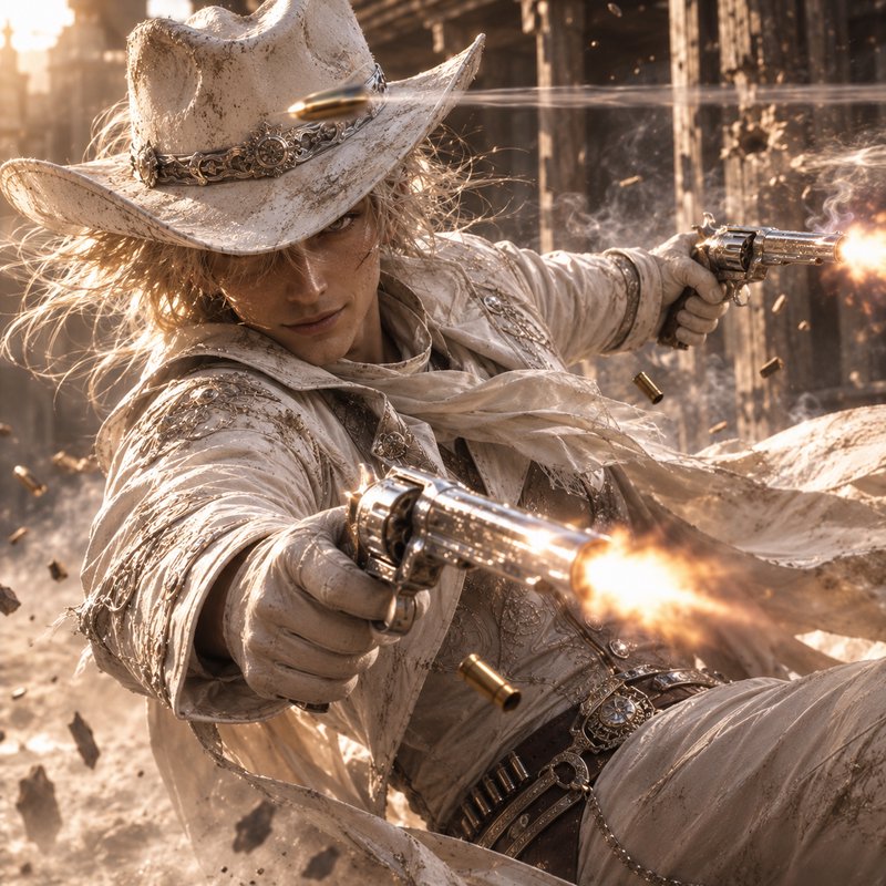 Stylized blonde cowboy in ornate white western wear dual wields firing revolvers mid dynamic wild...
