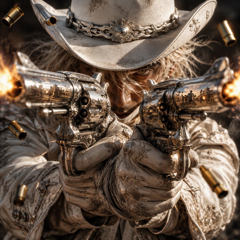 Close-up of an ornate white-clad cowboy firing two engraved silver revolvers directly at the view...