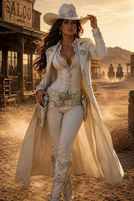 Confident female old west sheriff in ornate cream western attire adjusts her hat on a dusty front...