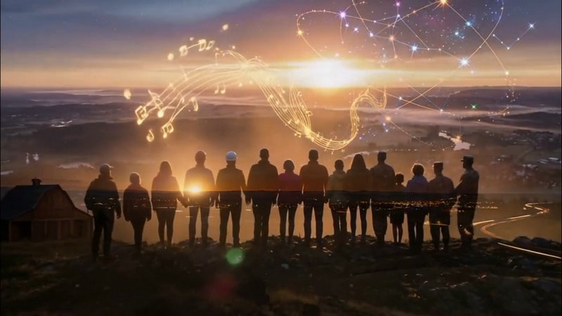 Silhouetted group of people stand on a hilltop viewing glowing musical notes and star networks ab...