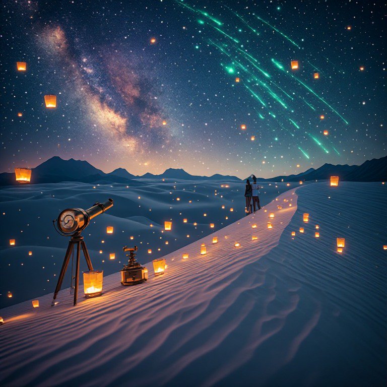 Couple stands on lantern-lit desert sand dunes beneath a starry sky with the Milky Way and green ...